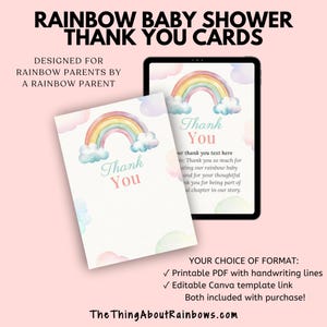Biglietti di ringraziamento per baby shower arcobaleno - Collezione classica arcobaleno / 2 FORMATI: stampabile e modificabile / Download digitale / Gravidanza dopo la perdita