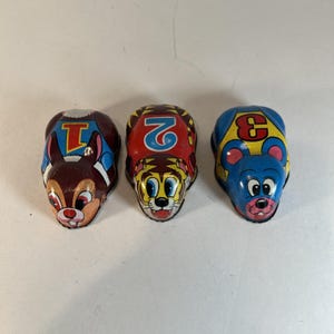 Vintage Yoone Japan Tin Friction Racers Set of 3 Rabbit Tiger Mouse 1950s–70s