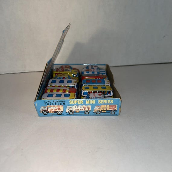 Vintage Tin Litho Friction Super Mini Toy Car Set W/ Display