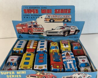 Vintage Tin Litho Friction Super Mini Toy Car Set W/ Display