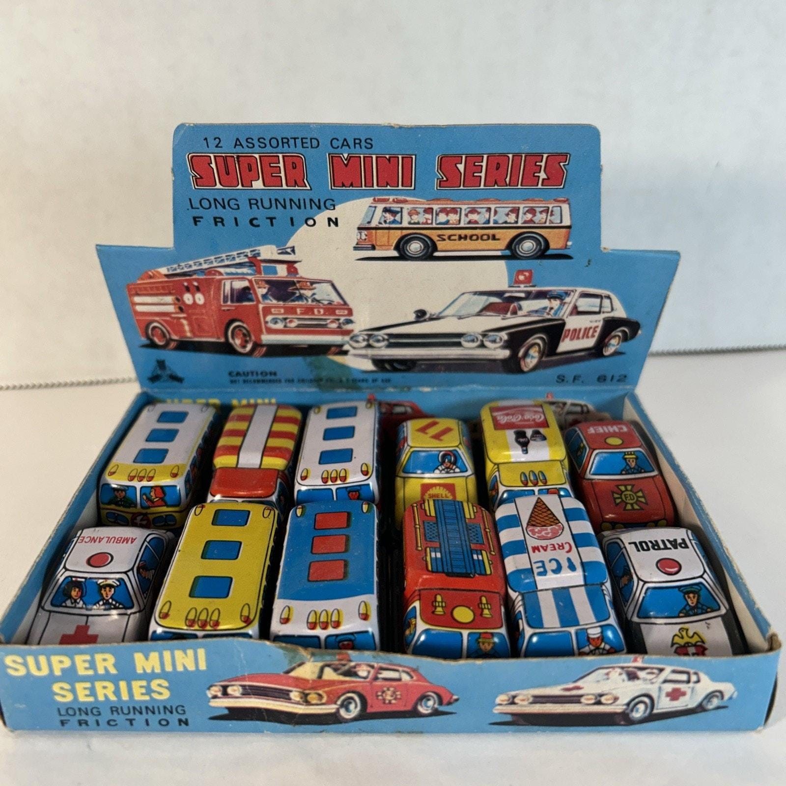 Vintage Tin Litho Friction Super Mini Toy Car Set W/ Display