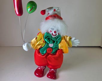 Vintage Porcelain Clown Doll Holding Balloons Fabric Body Red Yellow 7.5"