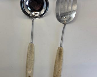 Vintage 1950er Jahre Ekco Chief Chrom Schöpfkelle & geschlitzter Pfannenwender Utensilien Set Made in USA