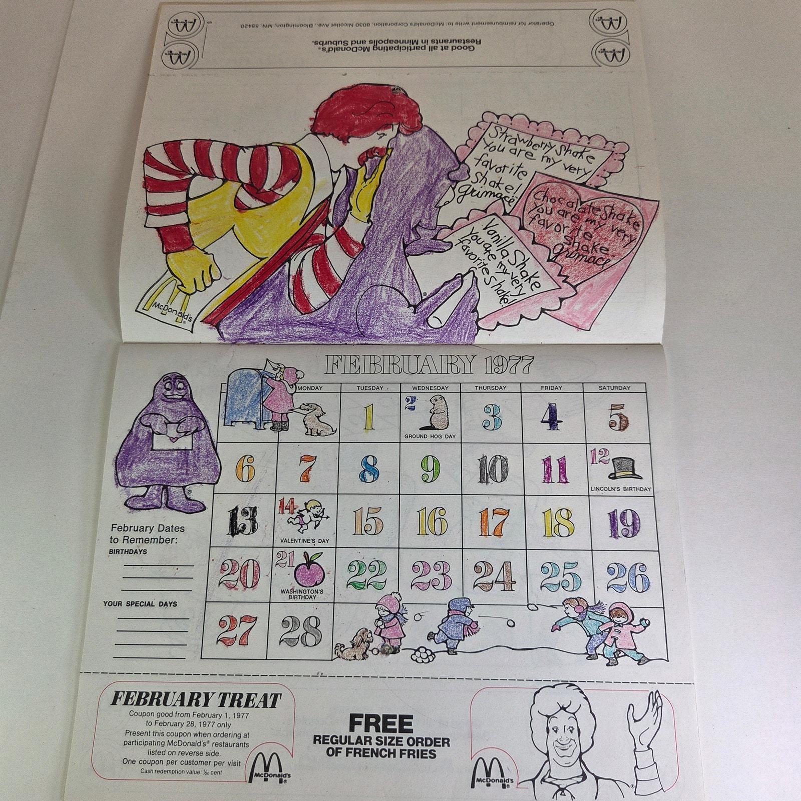 1977 Ronald Mcdonald Coloring Calendar Vintage Mcdonaldland