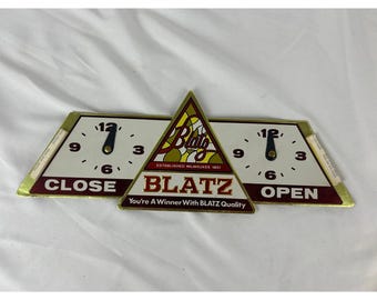 Vintage Blatz Beer Bar Clock Sign Open Close Foil Cardboard Display