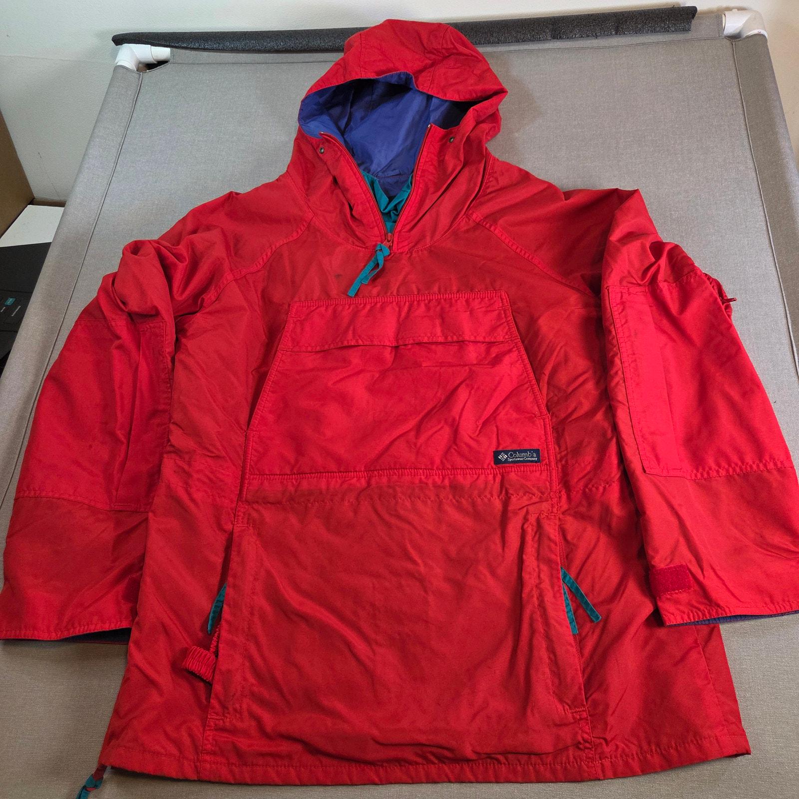 Vintage 90s Columbia Anorak Pullover Jacket Red Hooded Kangaroo