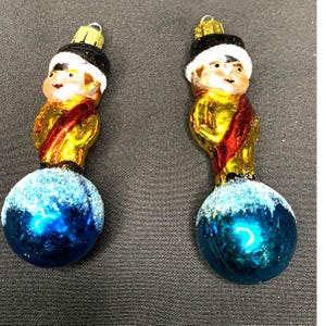 Set of 2 Glass Nutcracker Christmas Ornaments Blue Ball Glitter Gold Soldier