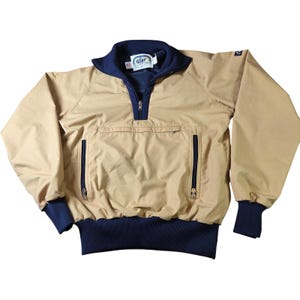 May include: Tan and navy blue pullover jacket with a quarter-zip closure. The jacket features a navy blue collar, cuffs, and waistband. Two zippered pockets are on the front. The label inside the collar reads "Aire Sportswear".