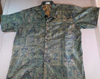Camisa vintage de seda tailandesa, talla XXL, estampado paisley multicolor, manga corta, abotonada
