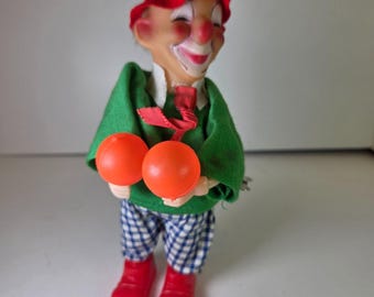 Vintage Wind Up Circus Clown Toy Holding Balls Plastic Fabric Body Works
