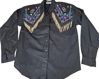 Camisa vaquera con botones, flecos y cuentas, de algodón negro, talla M, modelo Side Saddle 1993.