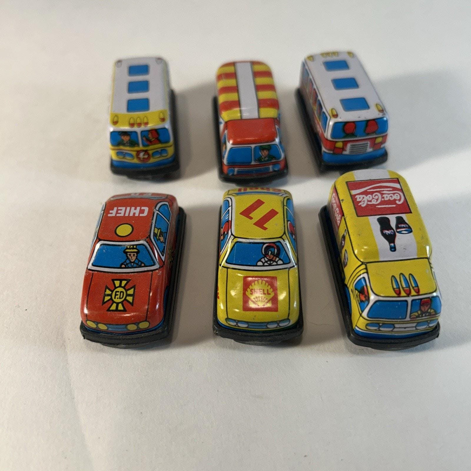 Vintage Tin Litho Friction Super Mini Toy Car Set W/ Display