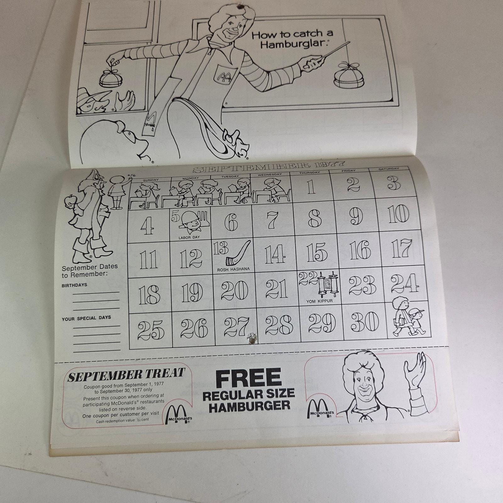 1977 Ronald Mcdonald Coloring Calendar Vintage Mcdonaldland