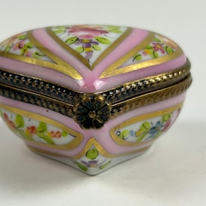 Limoges France Heart Trinket Box Hand Painted Floral Pink Gold Porcelain