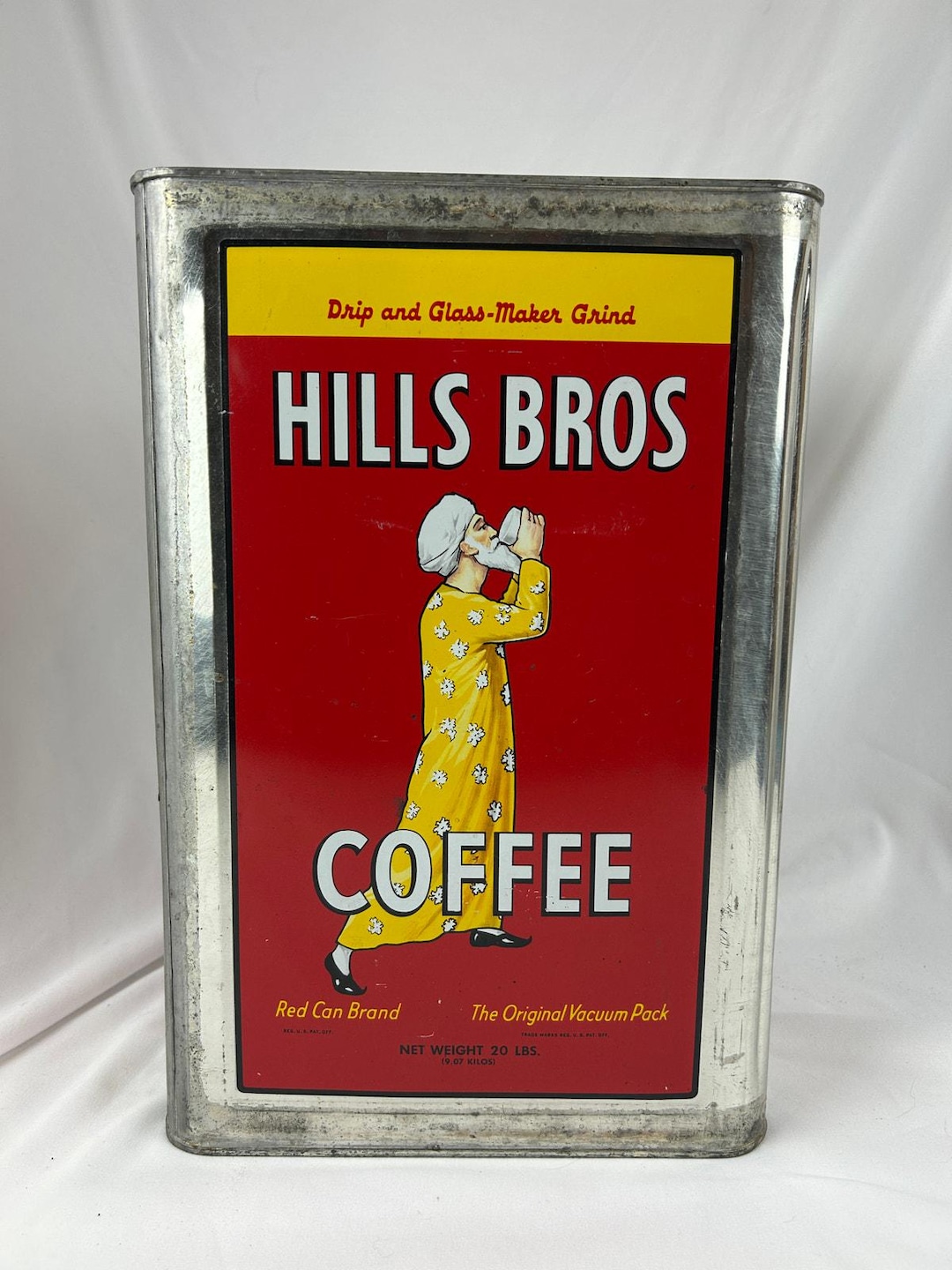 Vintage Hills Bros Coffee Red & Yellow Metal Container Tin, 20 Lb