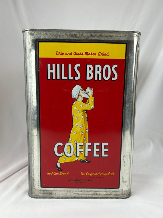 Vintage Hills Bros Coffee Red & Yellow Metal Container Tin, 20 Lb