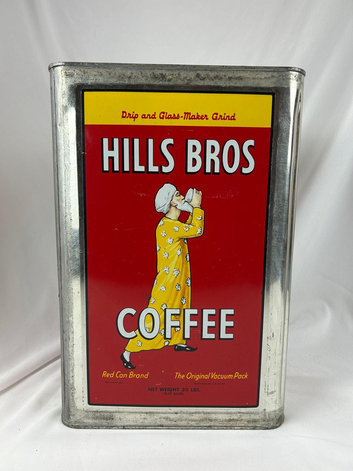 Vintage Hills Bros Coffee Red & Yellow Metal Container Tin, 20 Lb