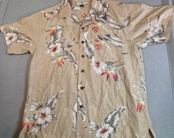 Vintage Tommy Bahama Relax Silk Camp Shirt Men’s M Tan Floral Hawaiian Top