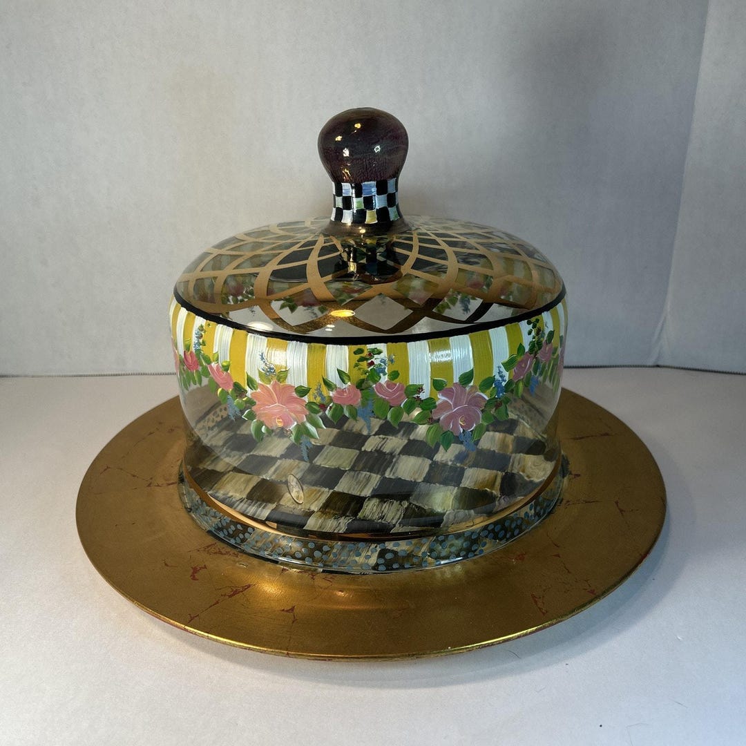 Mackenzie-childs Glass Cake Dome Courtly Check Charger Plate 14