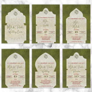 Convites de casamento indianos clássicos | Cartões de casamento tradicionais e personalizáveis | Pacote temático verde-oliva de 6 | Modelo Canva