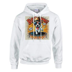Funny Trampoline Dog T-Shirt - Cool Jack Russell Terrier Cartoon Tee - Retro Sunburst BOING! Graphic Shirt - Gift for Dog Lovers