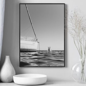 Arte mural de saltos al mar, impresiones fotográficas en blanco y negro, póster de barco, arte mural costero, arte mural de verano, impresión de póster del océano