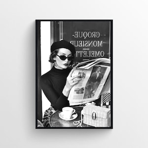 Woman Drinking in Paris Coffee Shop Black and White Vintage Photography, Paris Cafe Art, Cafe Retro Wall Print, Woman Reading Magazine Print