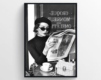 Woman Drinking in Paris Coffee Shop Black and White Vintage Photography, Paris Cafe Art, Cafe Retro Wall Print, Woman Reading Magazine Print