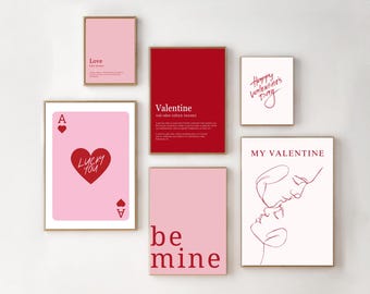 Valentine's Day Gallery Wall Set of 6, Cute Pink and Red Prints, Holiday Wall Art, Trendy Valentine's Decor, Valentines Prints, Romantic Art