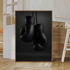 Boxing Gloves Wall Art Black Sports Poster Modern Gym Decor Masculine Home Office Print Motivational Athletic Artwork Retro Preppy Artwork