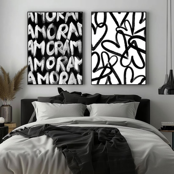 Modern Simple Minimal Wall Art Set of 2, Abstract Hearts Painting, Wall Art Text Love Amor, Full of Love Print Black and White Printable Art