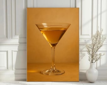 Arte murale di lusso con cocktail, stampa Golden Martini, poster estetico di denaro antico, arredamento minimalista glamour, opera d'arte moderna da bar, arte digitale color champagne.