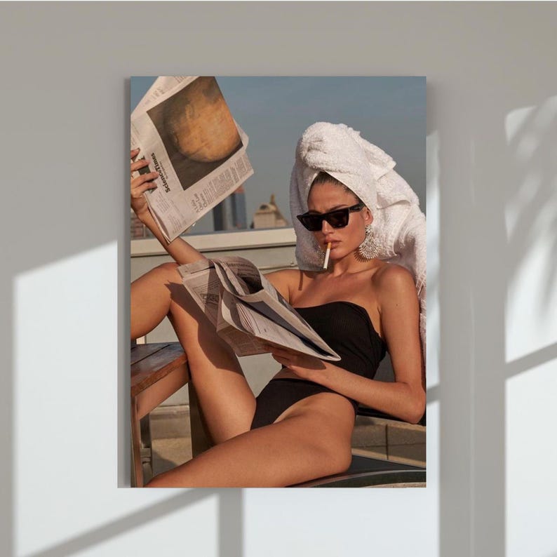 Woman Smoking & Reading Newspaper Print Retro Wall Art Vintage Rooftop Scene, Girl Room Decor, Trendy Vintage Prints, Wall Print Women image 5