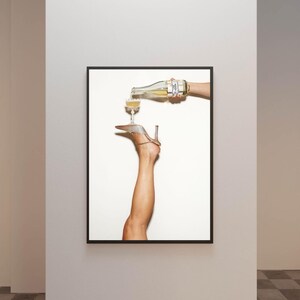 Classy Woman Holding Champagne with Legs Print Wall Art, Female Champagne Poster, Girly Cocktail Print, Woman's Leg Art, Woman Pouring Drink