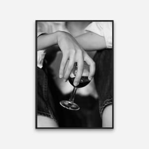 Red Wine Art Print Woman Holding Glass of Wine Woman Drinking Wine Alcoholic Drink Black and White Photography Bar Cart Print Minimalist Art