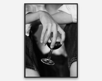 Red Wine Art Print Woman Holding Glass of Wine Woman Drinking Wine Alcoholic Drink Black and White Photography Bar Cart Print Minimalist Art