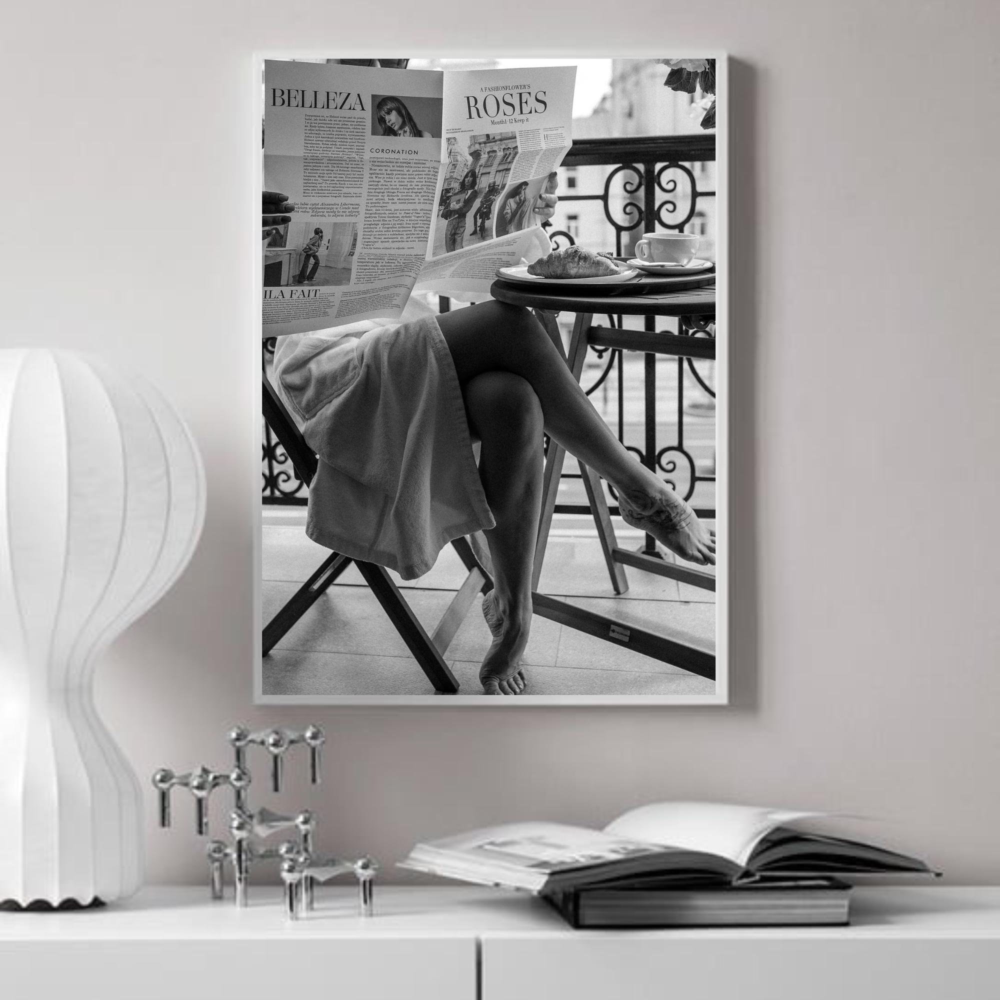 Woman Reading Newspaper in Paris Print, Black And White, Fashion Wall Art, Luxury Poster, Girl Room Decor, Retro Vintage Prints, Elegant Art