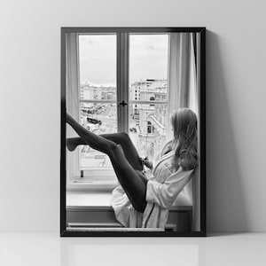 Woman Looking Through Window in Paris Wall Art Parisian Wall Art Romantic French Wall Decor Travel Photography Black and White Aesthetic Art