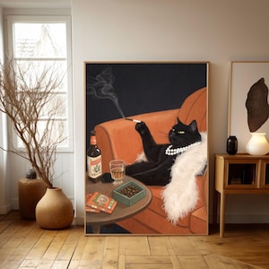 Impresión artística de gato negro fumando, póster de cóctel divertido, arte de pared de gato fumando, impresión elegante, hogar maximalista, decoración de pared de alcohol de moda, arte para mascotas