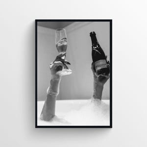 Woman Drinking Champagne in Bubble Bathtub Print, Feminist Poster, Black and White, Alcohol Wall Art, Girls Bathroom Decor, Bar Poster