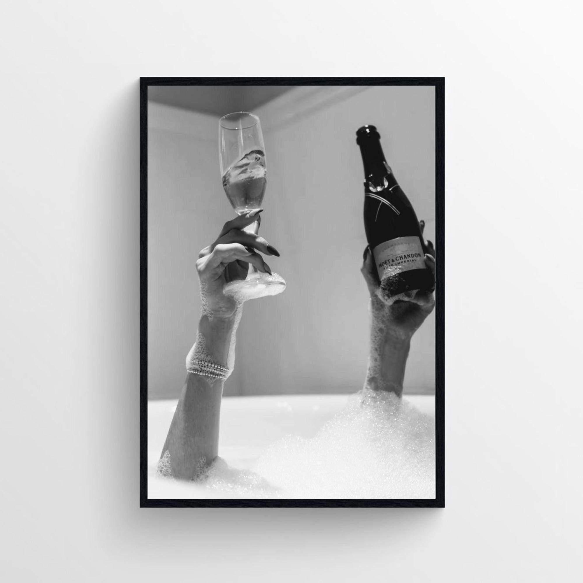 Woman Drinking Champagne in Bubble Bathtub Print, Feminist Poster, Black and White, Alcohol Wall Art, Girls Bathroom Decor, Bar Poster
