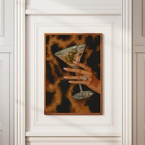 Luxury Martini Wall Art Print Leopard Background Glam Cocktail Poster with Elegant Hand Jewelry Fashion Chic Decor Old Money Aesthetic