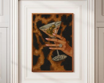 Luxury Martini Wall Art Print Leopard Background Glam Cocktail Poster with Elegant Hand Jewelry Fashion Chic Decor Old Money Aesthetic
