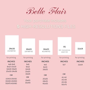 May include: A pink graphic with the text "Belle Flair" and "Your purchase includes 5 HIGH-RESOLUTIONS FILES". The graphic shows five different sizes of printable images with their corresponding dimensions in inches and centimetres. The sizes are 24x36, 18x24, 16x20, A1, and 11x14.