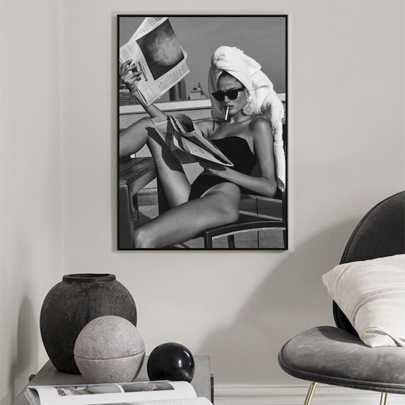 Woman Smoking & Reading Newspaper Print, Black And White, Vintage Rooftop Scene, Girl Room Decor, Trendy Vintage Prints, Wall Print Women