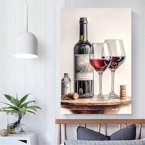 Red Wine Print, Food Theme Printable, Cocktail Art Bar Cart Decor, Elegant Painting Gift, Red Wine and Glass Art, Trendy Kitchen Wall Art