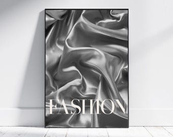 Fashion Typography Wall Art Silver Satin Print Modern Luxury Poster Minimal Chic Editorial Decor Glam Bedroom Office Digital Prints Trendy