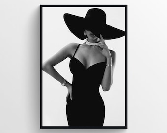 Elegant Woman in Black Dress and White Art Print, Sophisticated Art, Classy Lady Wall Art, Fashion Poster, Elegant Photography Poster