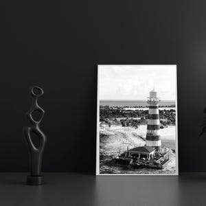 Black and White Lighthouse Wall Art Coastal Minimalist Photography Print Nautical Home Decor Lighthouse Beach Scene Vintage Photography