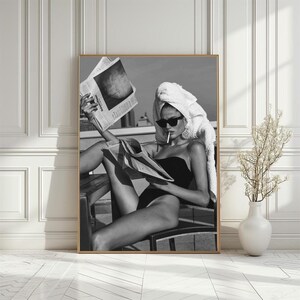 Woman Smoking & Reading Newspaper Print, Black And White, Vintage Rooftop Scene, Girl Room Decor, Trendy Vintage Prints, Wall Print Women image 5
